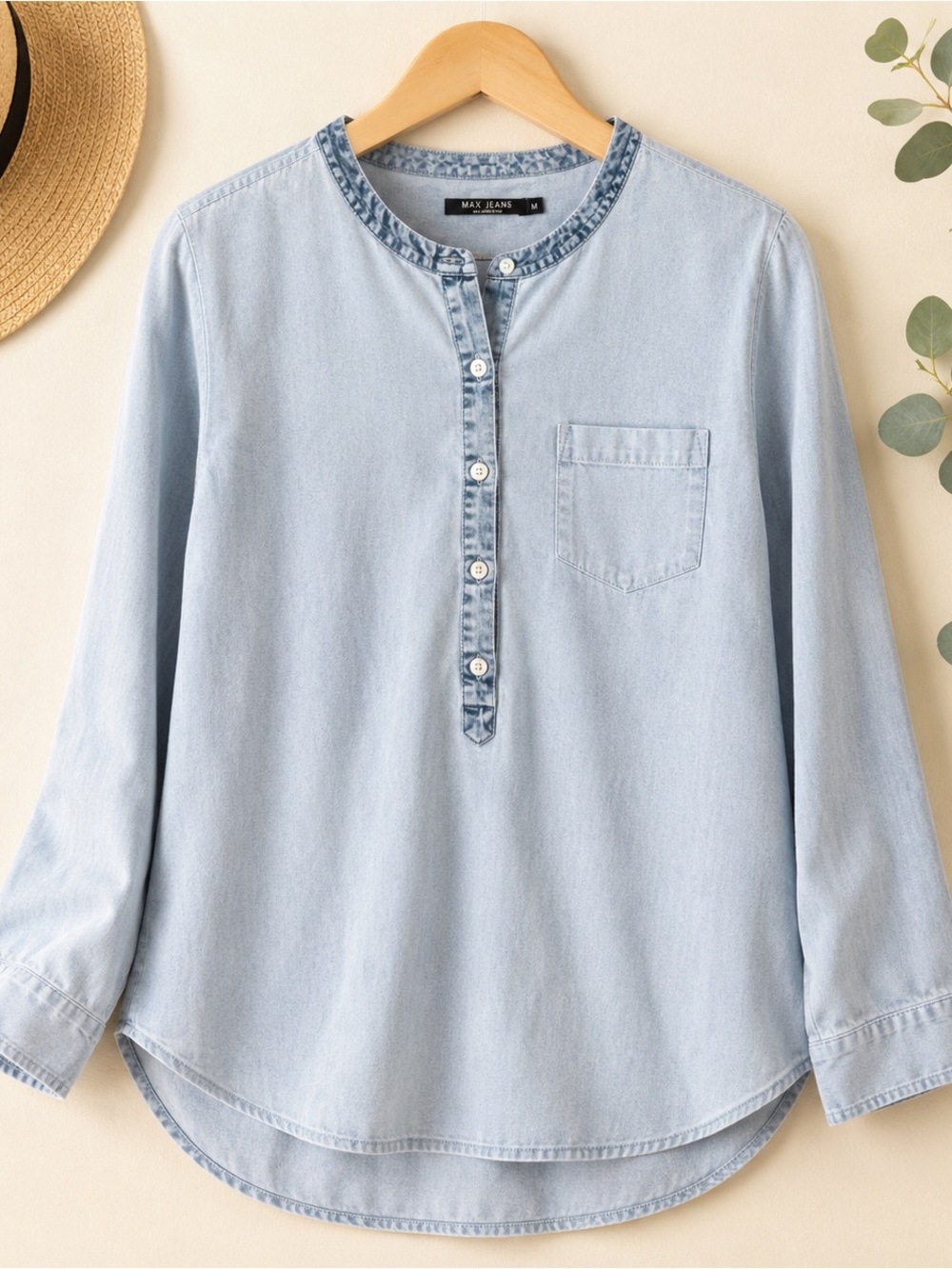Light Wash Denim Tunic Top 100% Cotton Size Medium lake vacay